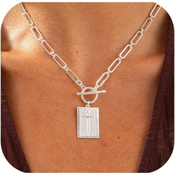 Cross Necklace, Chunky Silver rectangle cross charm, paperclip chain, toggle - Picture 1 of 6